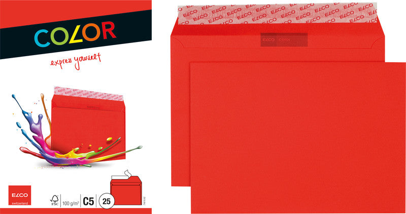 Elco Couvert C5 (229 × 162 mm), ohne Fenster, haftklebend (Optifix), intensivrot, 100 g/m² – 25 Stk.