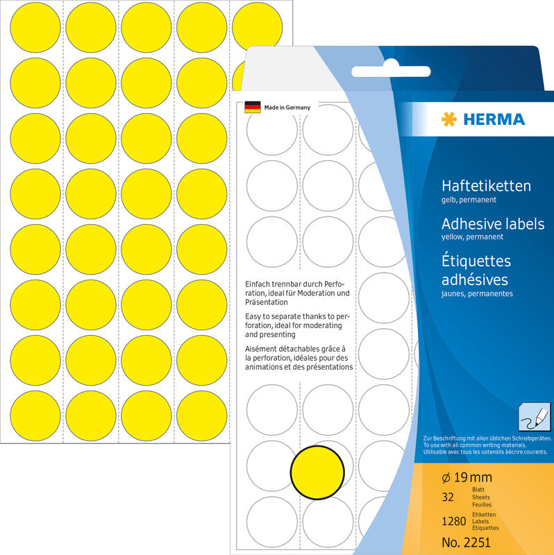 HERMA Haftetiketten – Ø 19 mm, permanent, gelb, 32 Blatt (1'280 Stk.)