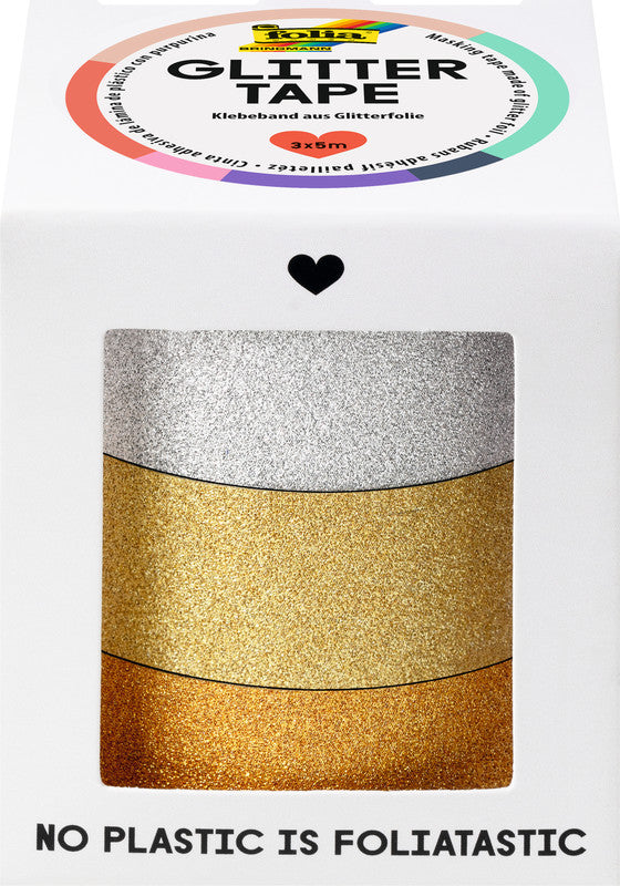 Folia Washi Tape Glitterfolie selbstklebend – mehrfarbig (Silber, Hellgold, Gold) – 15 mm × 5 m, 3er Set
