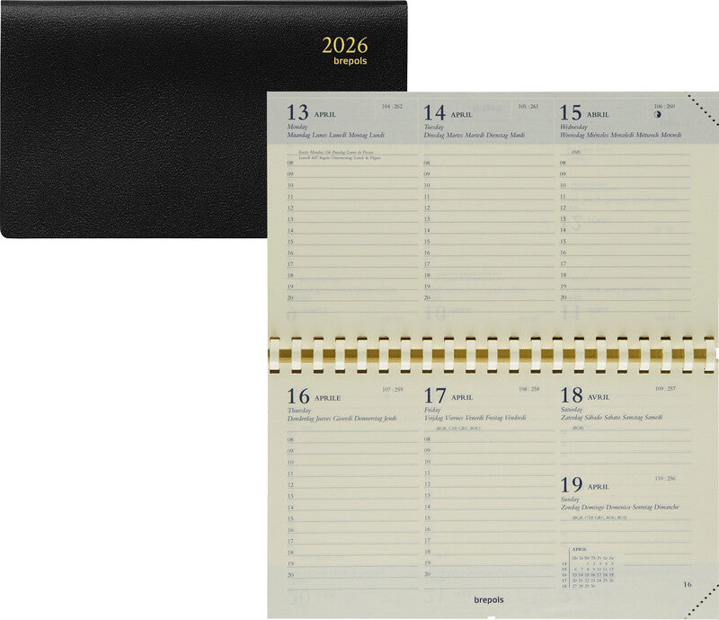 Brepols Omniplan 738 Agenda – 1 Woche/2 Seiten, Spiralbindung, 16,0 × 9,0 cm, 2026, Schwarz, FSC