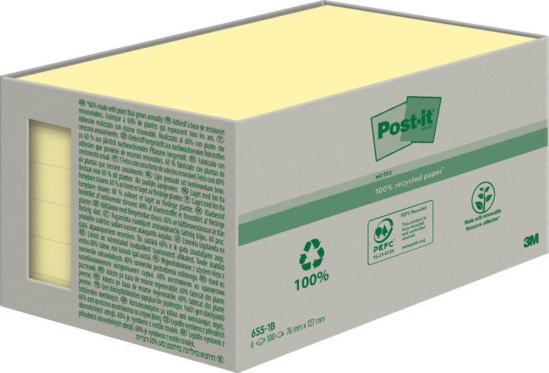 3M Post-it Haftnotizen Recycling Tower – 127×76 mm – Gelb, 6×100 Blatt, PEFC