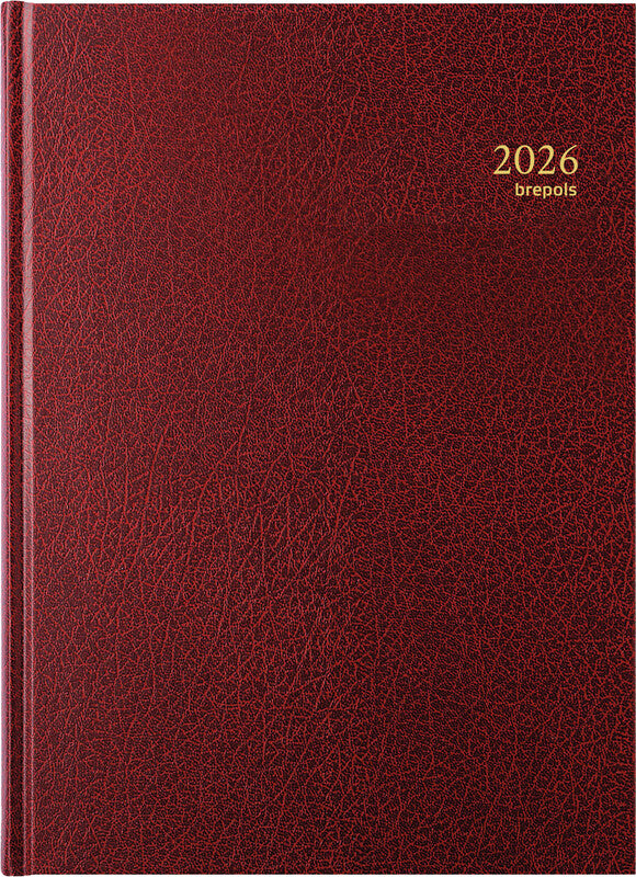 Brepols Bremax 1 Agenda – 1 Tag pro Seite, gebunden, 21 × 29 cm, 2026, 1/4-Stunden-Takt, Weinrot, FSC