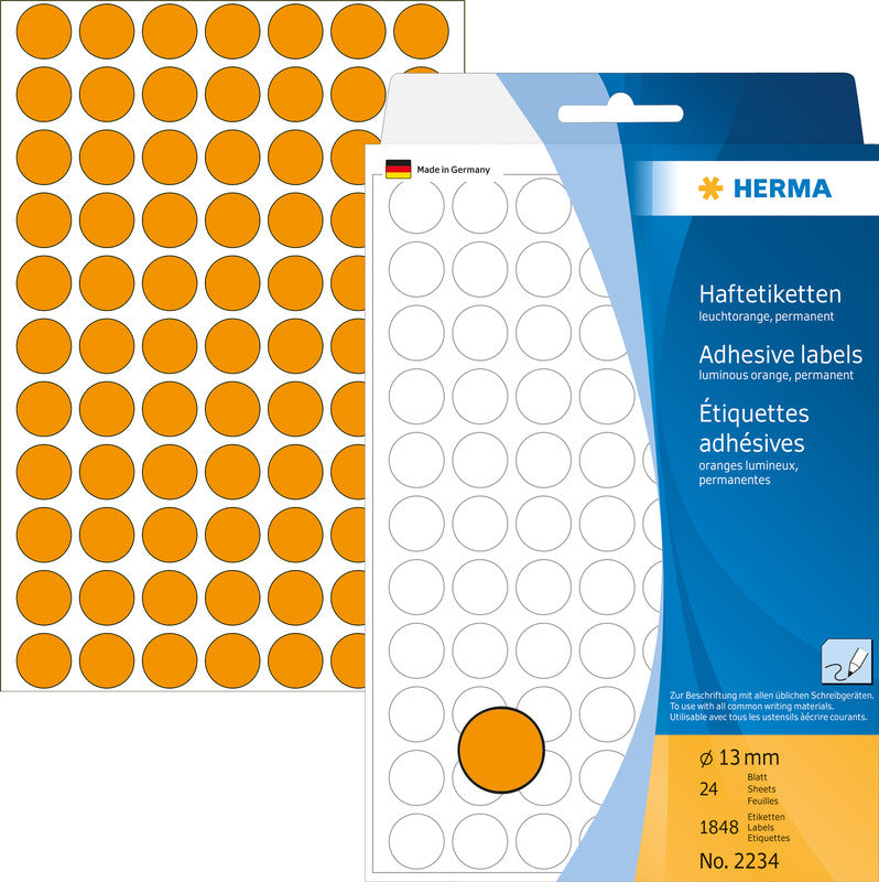 HERMA Haftetiketten – rund Ø 13 mm, stark haftend, leuchtorange, 24 Blatt (1'848 Stk.)