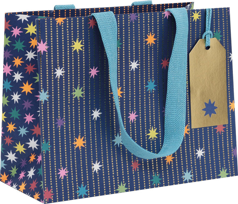 Glick Geschenktasche 'Star Garland Navy' – 22,5 × 10 × 17,5 cm, Papier, mit Stoffband, mehrfarbig, mit Folienprägung
