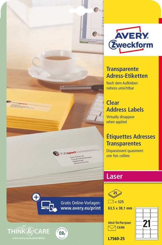 Avery Bogenetiketten, 64 mm × 38 mm, transparent, Folie, permanent, 25 Blatt (525 Etiketten)