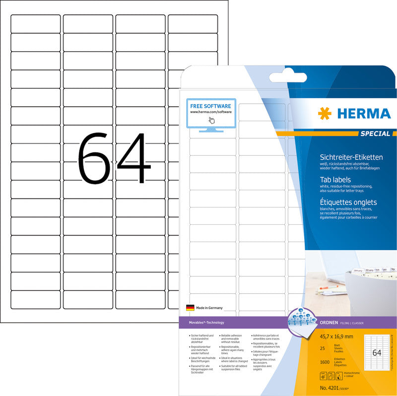 HERMA Haftetiketten – rechteckig 45,7 × 16,9 mm, wiederablösbar, weiss, A4, 25 Blatt (1'600 Stk.)