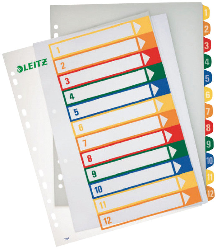 Leitz Register – A4, 12-teilig, PP, farbig, vorgedruckt, 11-fach gelocht, für A4 hoch überbreit