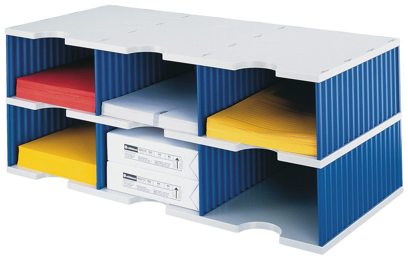 Styro Briefkorb – mit Griffausschnitt, mit Beschriftungsfeld, blau/grau, B 723 × H 293 × T 331 mm