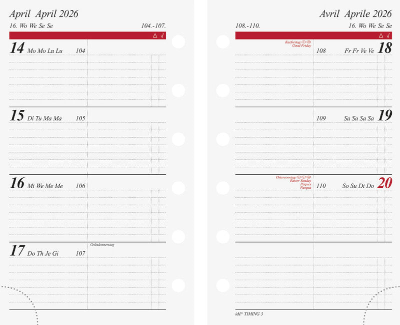 Idé TIMING 3 Wochenplaner – 1 Woche/2 Seiten, lose, 7,6 × 12,7 cm, Jan–Dez, 2026, mehrsprachig