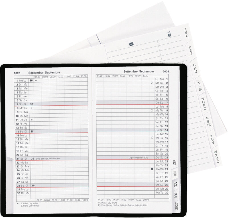 Biella Planer Paris Agenda – 1 Monat/2 Seiten, geheftet, 7,5 × 12,6 cm, 15 Monate Okt–Dez, mehrsprachig, PEFC