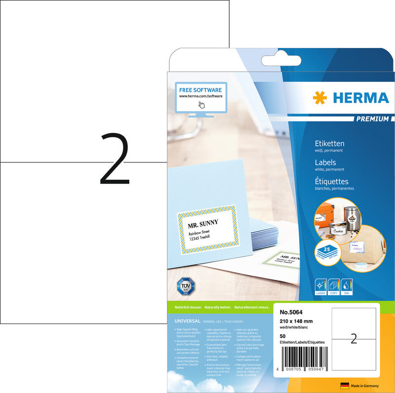 HERMA Bogenetiketten, 210 mm × 148 mm, weiss, Papier, permanent, 25 Blätter (50 Etiketten)