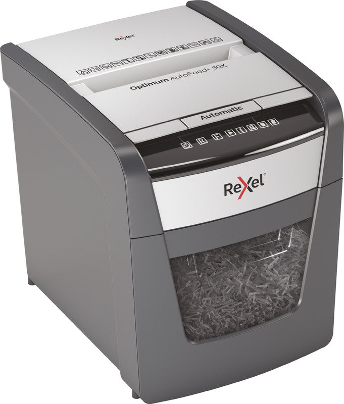 Rexel Optimum AutoFeed+ 50X – Aktenvernichter mit Autofeed 50 Blatt, DIN P-4, Partikelschnitt 4 × 28 mm, 20 l