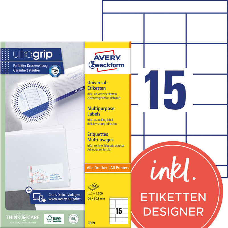 Avery Druckeretiketten, 70 mm × 51 mm, weiss, Papier, permanent, 1500 Etiketten (100 Blatt)