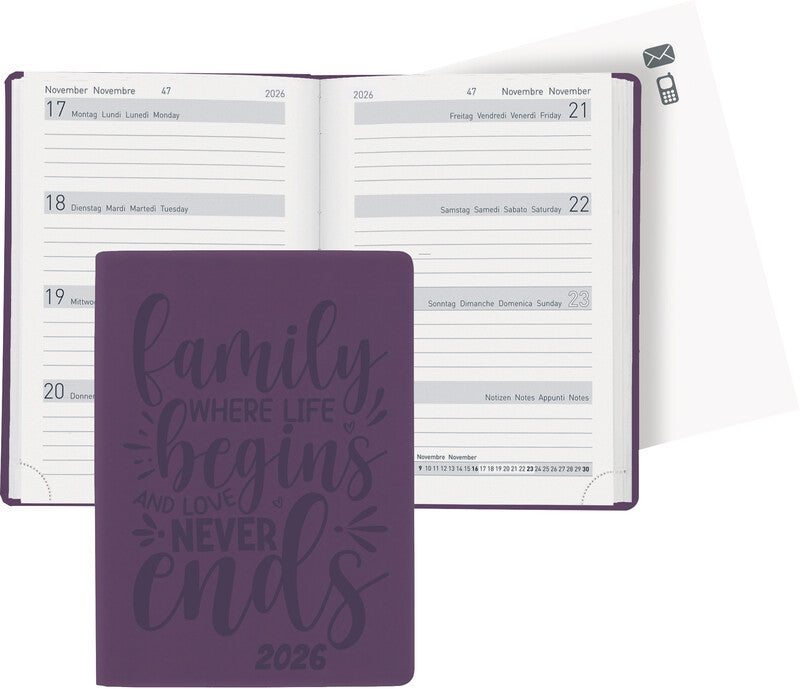Biella Memento Ladytimer Taschenagenda – 1 Woche/2 Seiten, gebunden, 10,1 × 14,2 cm, 2026, violett, FSC