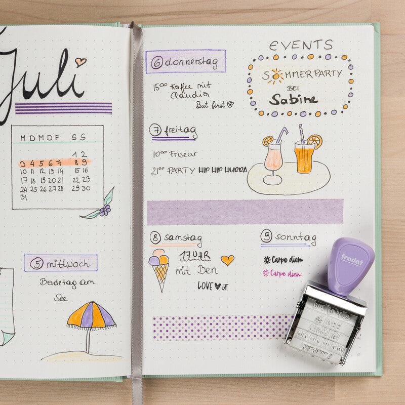 Trodat Bullet Journal Motivstempel, selbstfärbend, 12 Motive, 30 × 5 mm, Kissen sortiert, deutsch