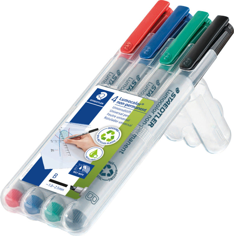 Staedtler Non-Permanent-Marker Lumocolor – breite Keilspitze 1-2,5 mm – sortiert – 4er-Set – nachfüllbar