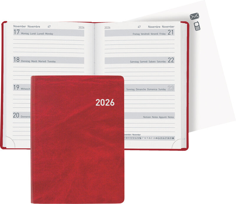 Biella Memento Agenda – 1 Woche/2 Seiten, gebunden, 10,1 × 14,2 cm, Jan–Dez, 2026, mehrsprachig, rot, FSC