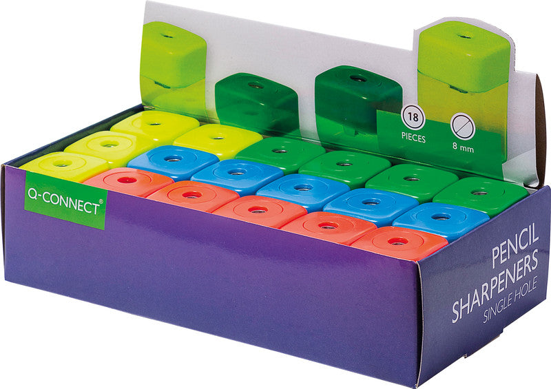 Q-CONNECT Spitzer – manuell, 1-Loch, mit Behälter, für Blei- & Buntstifte Ø 8 mm, Kunststoff, assortiert