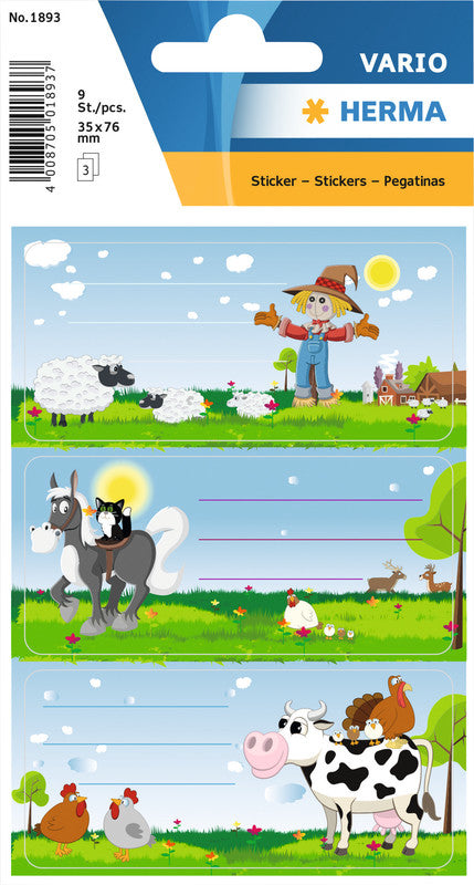 HERMA Vario Schuletiketten – Motiv Kleine Farm – 35 × 76 mm, Abgerundete Ecken, 9 Stück, 3 Bögen, Papier