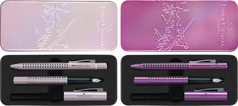 Faber-Castell Grip Edition Glam Schreibset – Kugelschreiber XB & Füllfederhalter M – Blau – Metalletui – 2-teilig