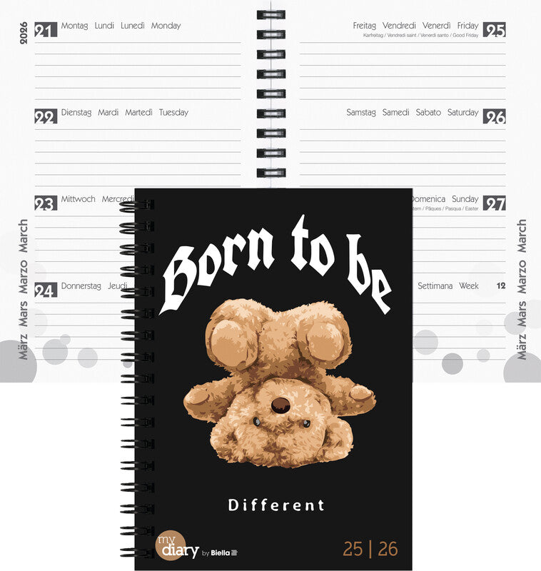 Biella mydiary Schüleragenda – 1 Woche/2 Seiten, Wire-O, 12 × 16,5 cm, Aug–Jul, Teddy, FSC