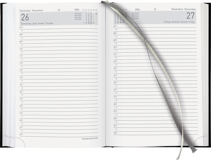 Biella Executive Agenda – 1 Tag pro Seite, gebunden, 14,5 × 20,5 cm, 2026, 1/2-Stunden-Takt, schwarz, FSC