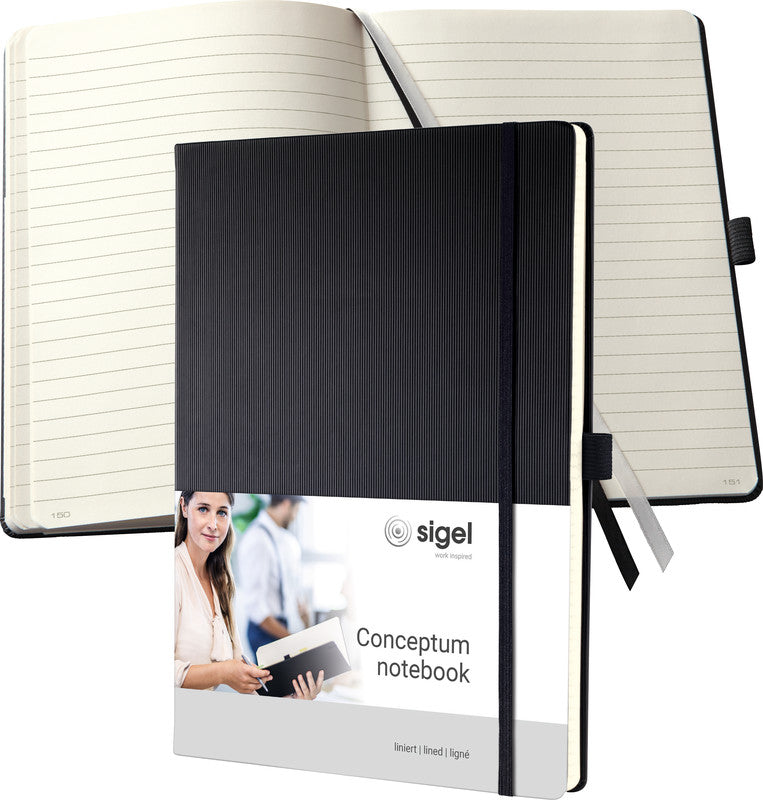 Sigel Notizbuch Conceptum, 213 × 295 mm, liniert, Fadenheftung, 194 Seiten, 80 g/m² – schwarz