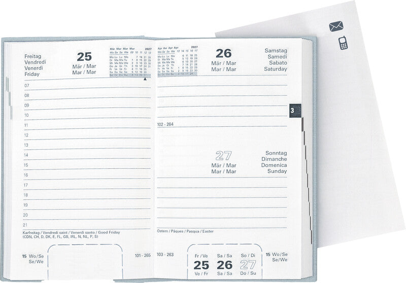 Biella Disponent Agenda – 1 Tag/Seite, gebunden, 10,1 × 16,0 cm, 2027, 1‑h‑Takt, mehrsprachig, hellblau, FSC