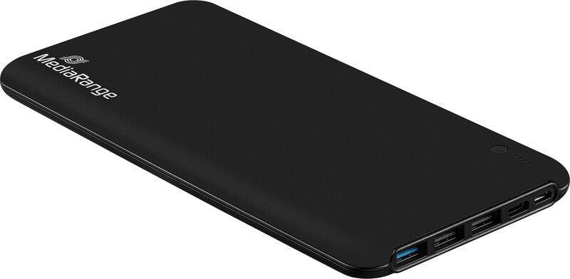 MediaRange Powerbank 25000 mAh, PD 22,5 W, 1× USB-C, 3× USB-A, Quick Charge 3.0, Schwarz