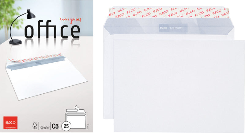 Elco Couvert C5, ohne Fenster, selbstklebend, hochweiss, 100 g/m², mit Innendruck – 25 Stk.