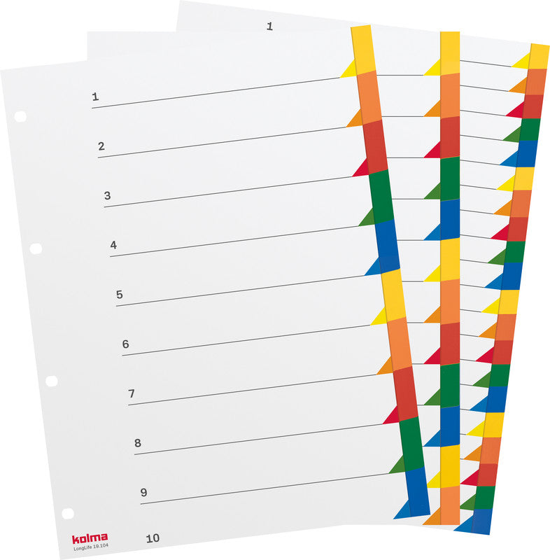 Kolma Register – A4, 10-teilig, PVC, farbig, unbedruckt, mit Indexblatt, 4-fach Lochung