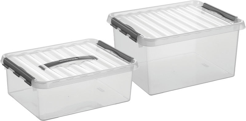 Helit die q-line Aufbewahrungsbox 2 l – mit Clipverschluss, stapelbar, 200 × 100 × 150 mm, transparent