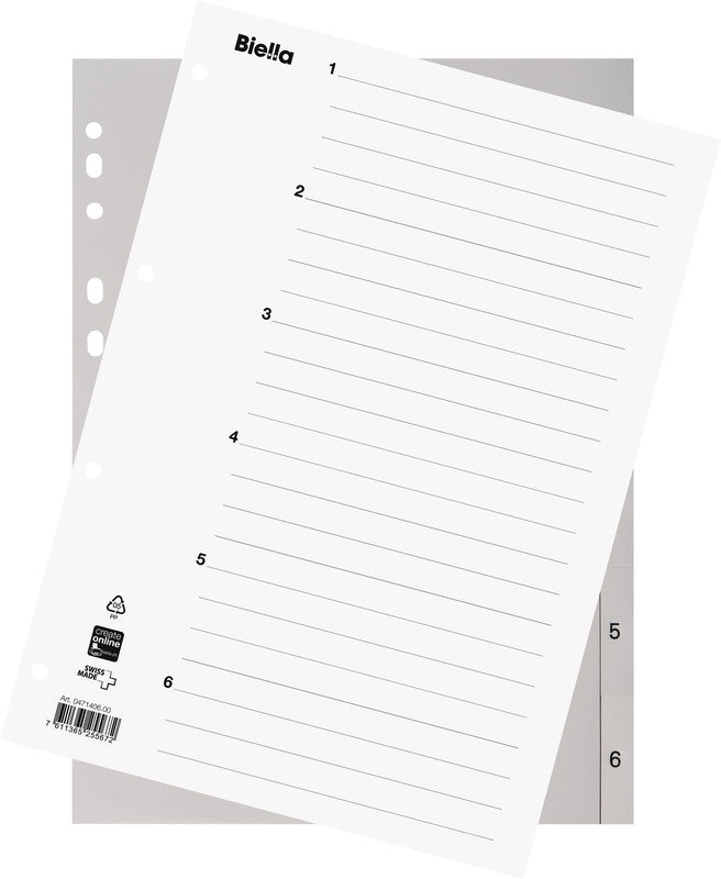 Biella Register – A4, 6-teilig, PP, hellgrau, vorgedruckt, 11-fach gelocht, mit Indexblatt, für A4