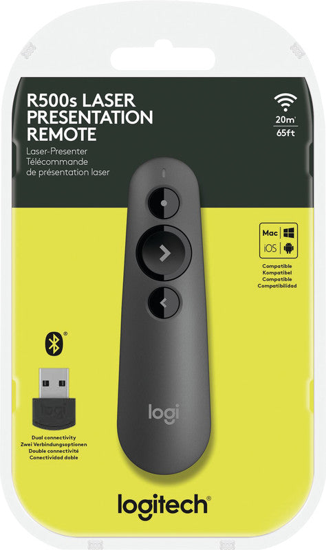 Logitech R500s – Presenter – Laser Klasse 1, Bluetooth, 2,4 GHz, Reichweite ca. 20 m, für Windows/Mac/iOS u. a.
