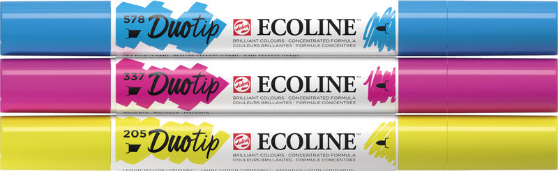 Ecoline Talens Ecoline Brush Pen Duotip – Keilspitze 6 mm, Rundspitze 1-2 mm – sortiert – 3er-Set – wasservermalbar