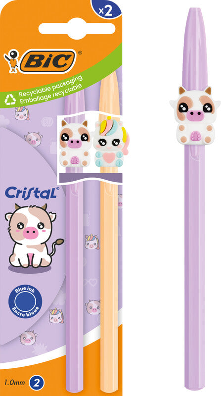 BIC Cristal Figurines Kugelschreiber – 2er Pack, Blau, Spitze 0,32 mm, Deckel, Kunststoff