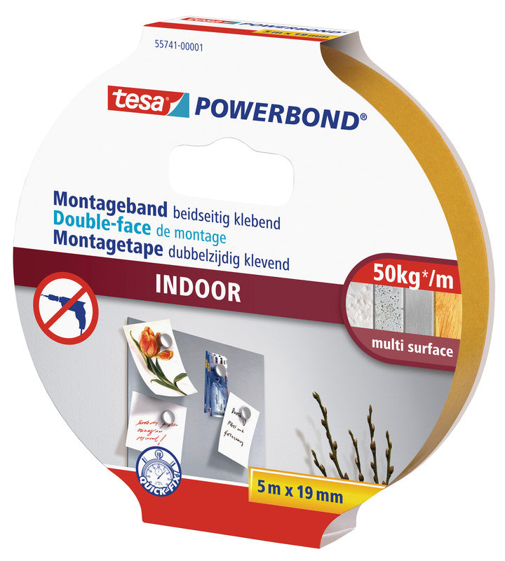 Tesa Powerbond Montageband, stark, für den Innenbereich, für glatte Oberflächen – 19 mm × 5 m, weiss, bis 5 kg/10 cm