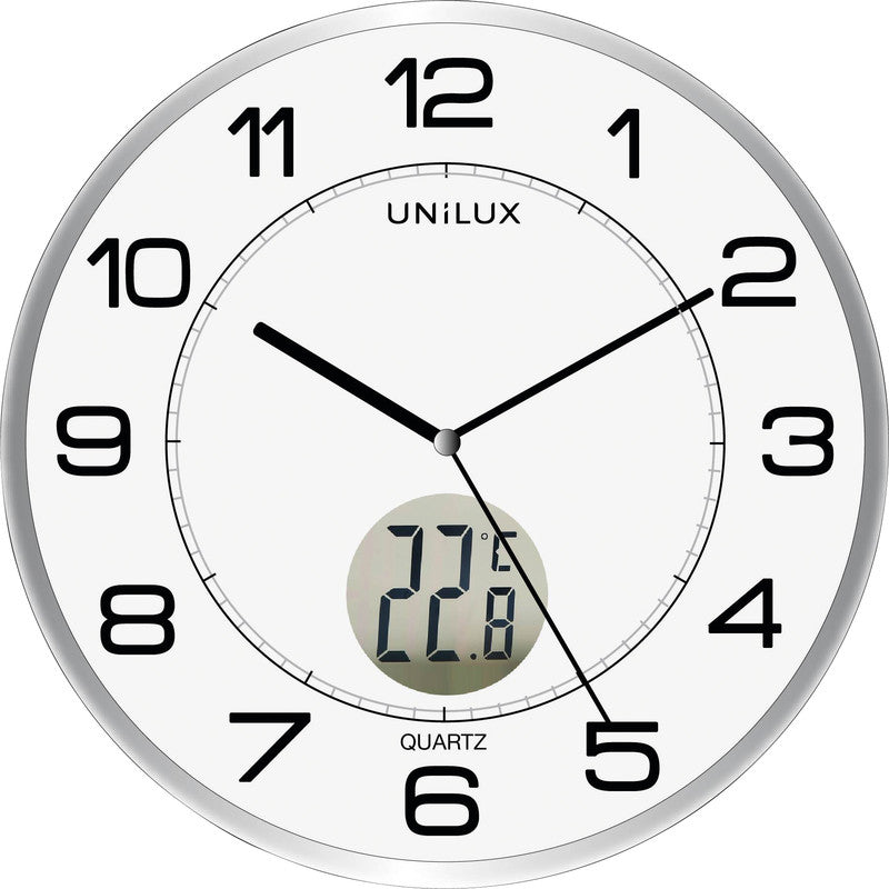 Unilux Digitale Wanduhr – Ø 30,5 cm, metallgrau, Kunststoff, geräuscharm, Thermometer