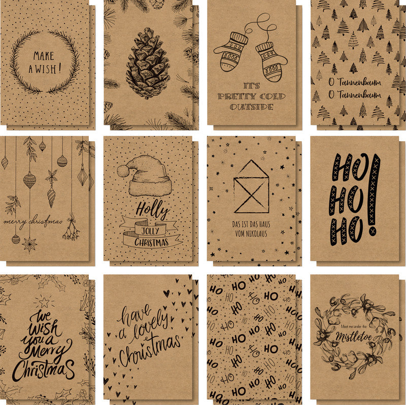 Sigel Weihnachtsgrusskarte (Natural Christmas) – A6 (105 × 148 mm) – Text DE/EN, Kraftpapier, 24er Pack