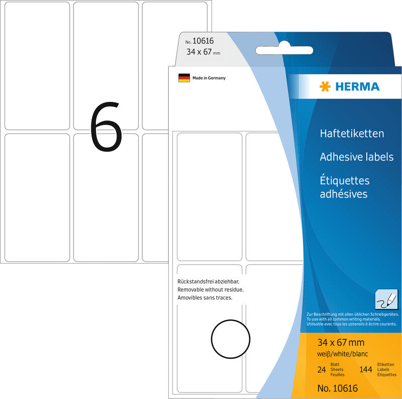HERMA Schuletiketten – 34×67 mm, Abgerundete Ecken, 144 Stk, 24 Bogen, Papier, Ablösbar