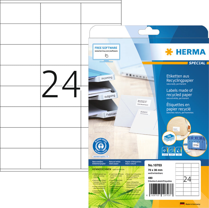 HERMA Bogenetiketten, 97 mm × 42 mm, naturweiss, Altpapier, permanent, 20 Blatt (240 Etiketten)