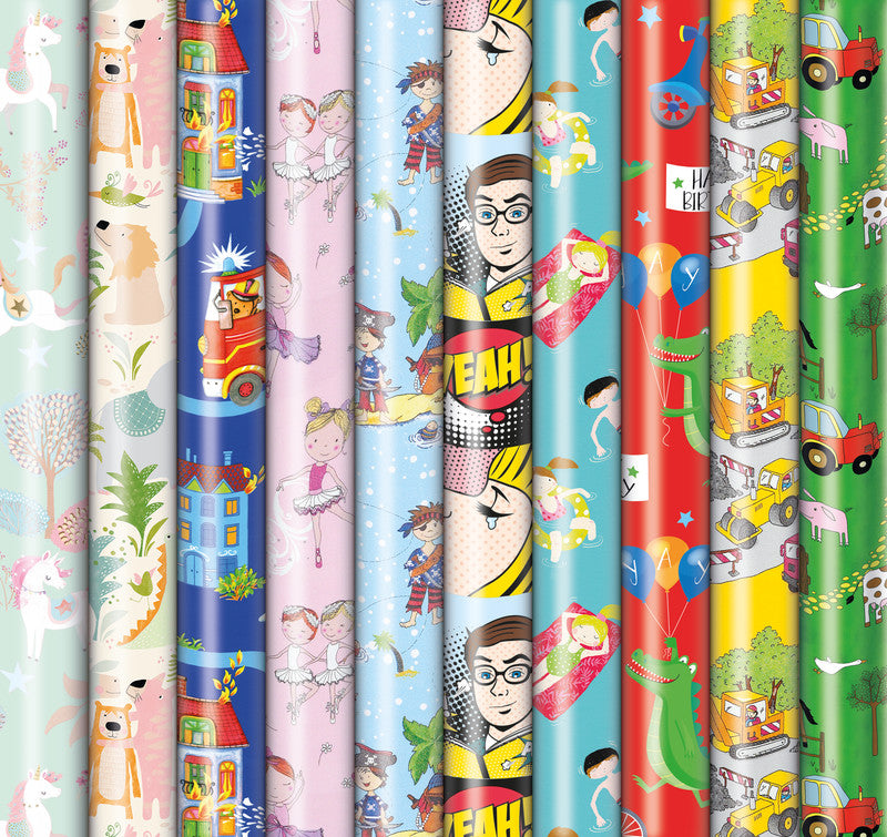 Zoewie Geschenkpapier Rolle – Bambini, 10 Motive sortiert – 700 × 2000 mm – gestrichenes Papier, 80 g/m2