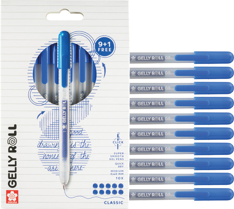 Sakura Classic Gelschreiber 10er Etui – Blau, 0,4 mm, schnelltrocknend, für dunkles Papier, Kappe