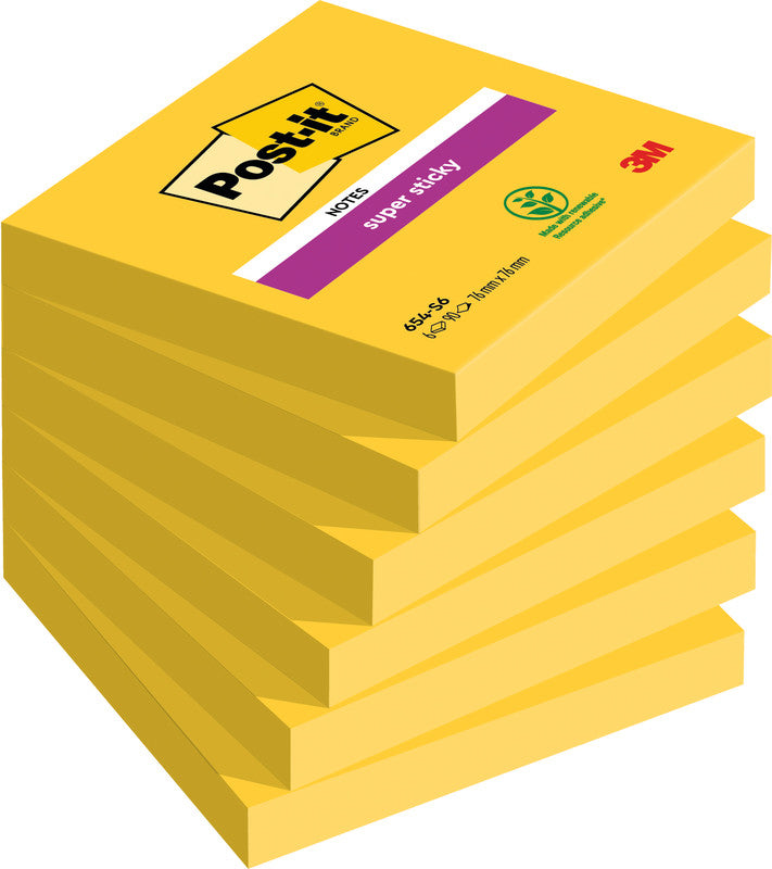 Post-it Super Sticky Haftnotizen – 76×76 mm – gelb, 6×90 Blatt, PEFC