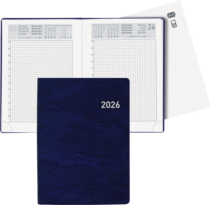 Biella Technikus Agenda – 1 Tag pro Seite, gebunden, 10,1 × 14,2 cm, 2026, 1-Stunden-Takt, Dunkelblau, FSC