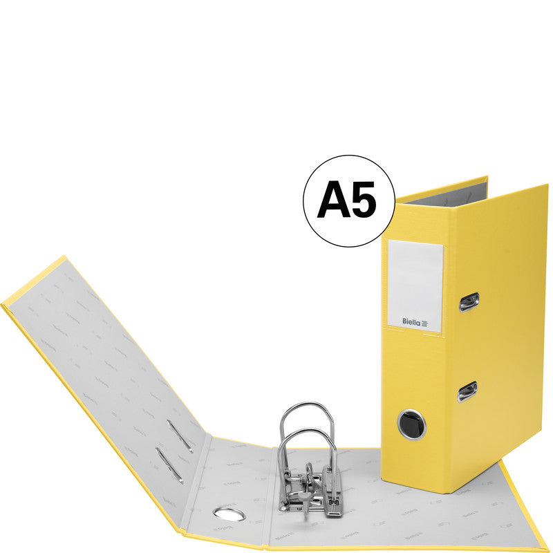 Biella Ordner – A5 hoch – 2-Ring Hebelmechanik, Rücken 70 mm – gelb, Karton, mit Niederhalter, FSC