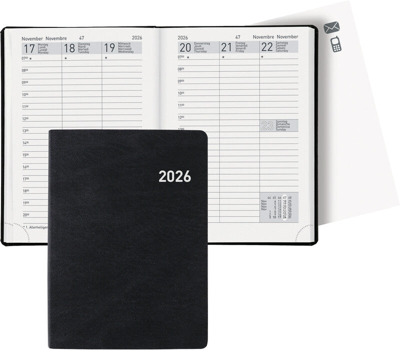 Biella Rex Agenda – 1 Woche/2 Seiten, gebunden, 10,1 × 14,2 cm, 2026, schwarz, FSC