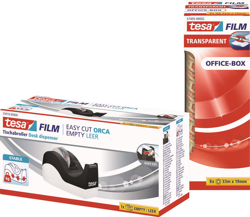 tesa Tischabroller Easy Cut – für Rollenbreite bis 19 mm, für Bandlänge bis 33 m, rutschfest, Metallmesser