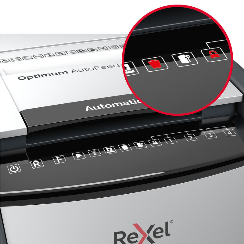 Rexel Optimum AutoFeed+ 100M – Aktenvernichter mit Autofeed 100 Blatt, DIN P-5, Mikroschnitt 2 × 15 mm, 34 l