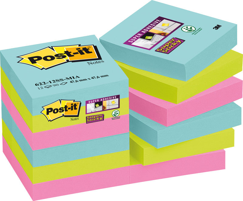 Post-it Super Sticky Haftnotizen – 47,6×47,6 mm – türkis, neongrün, neonpink – 12×90 Blatt, PEFC